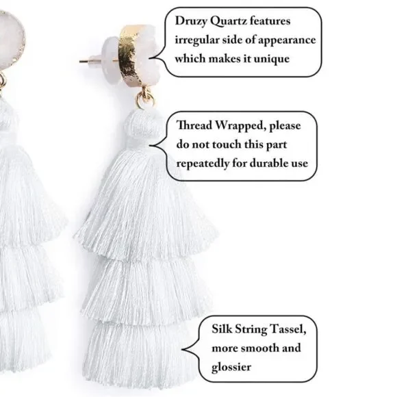 14K Yellow Gold with White Silk Thread Tassel and Quartz Druzy Post Earrings